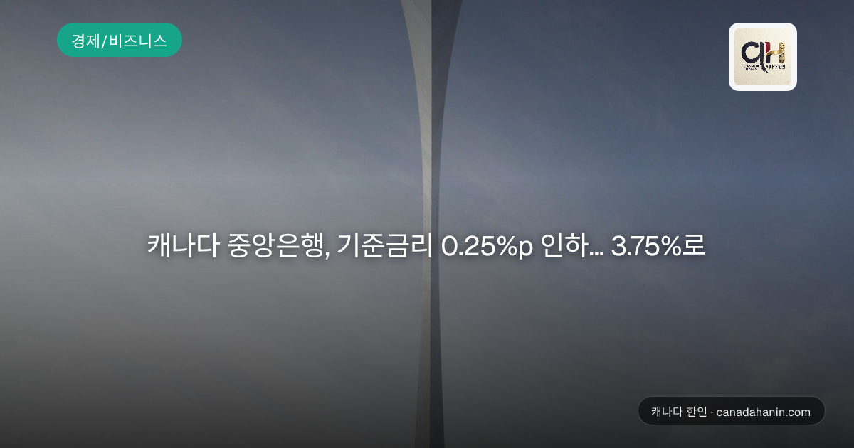 캐나다 중앙은행, 기준금리 0.25%p 인하... 3.75%로